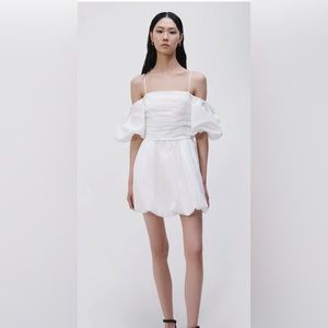 SIMKHAI Sanam Mini Bubble Dress, WHITE  off shoulder, size 0 style 223-1129